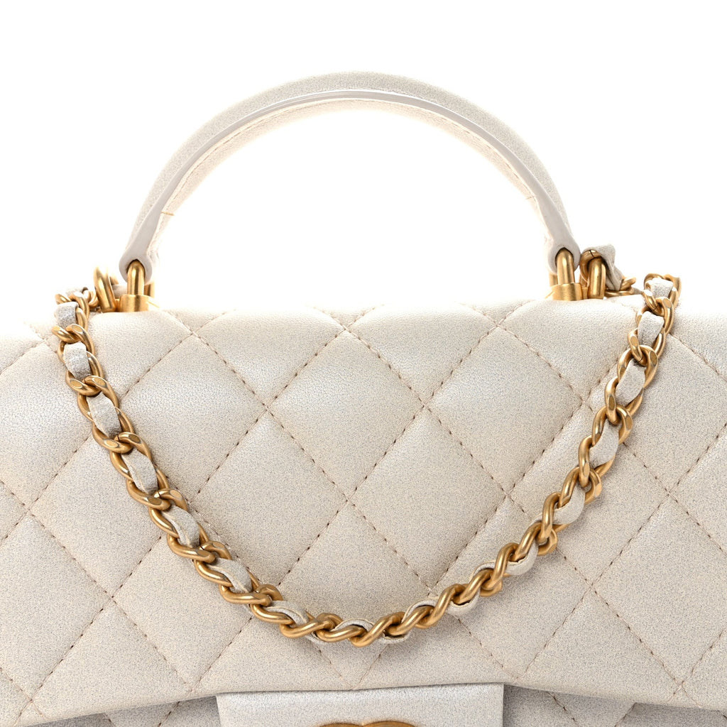 Chanel Iridescent Lambskin Quilted Mini Top Handle Rectangular Flap White