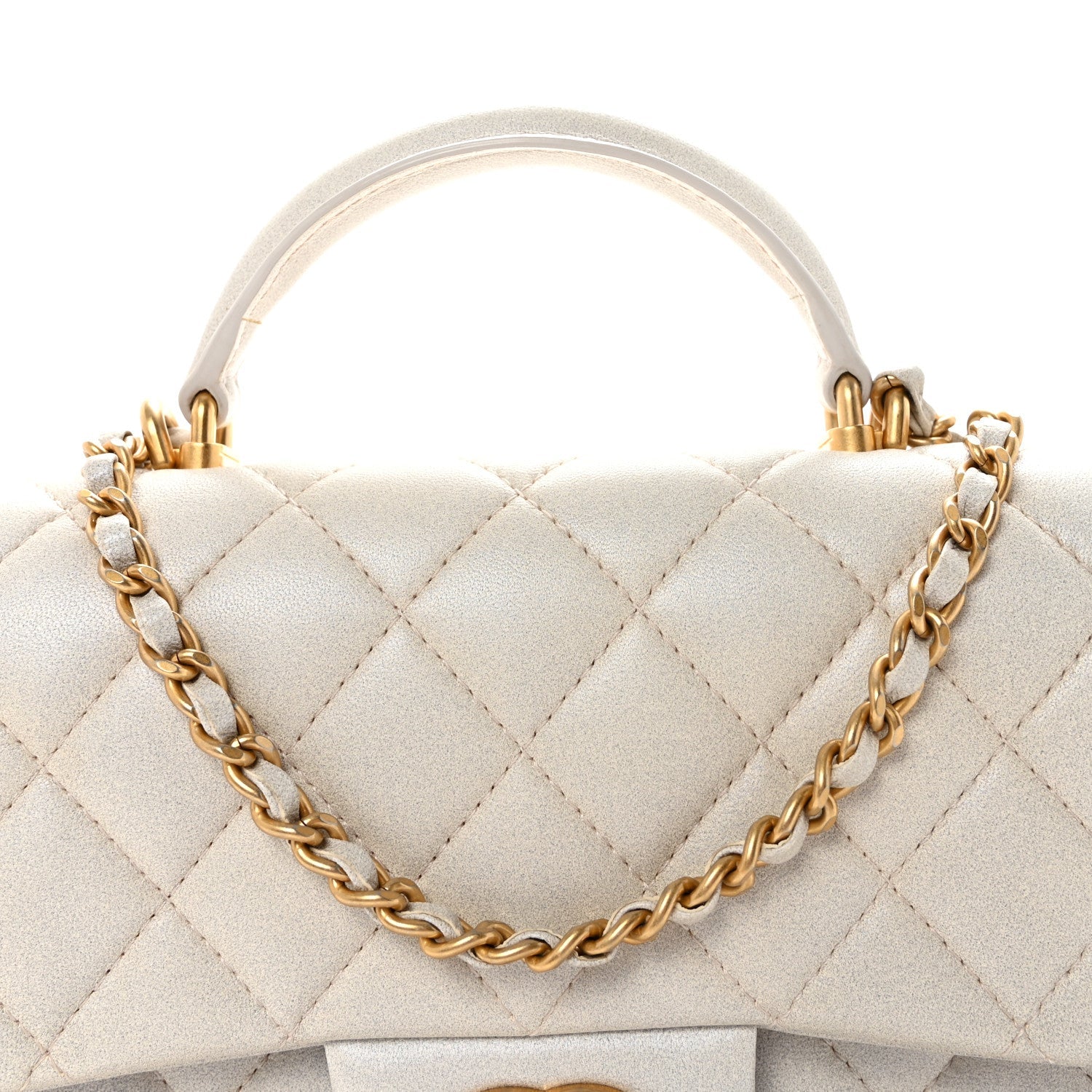 Chanel Iridescent Lambskin Quilted Mini Top Handle Rectangular Flap White