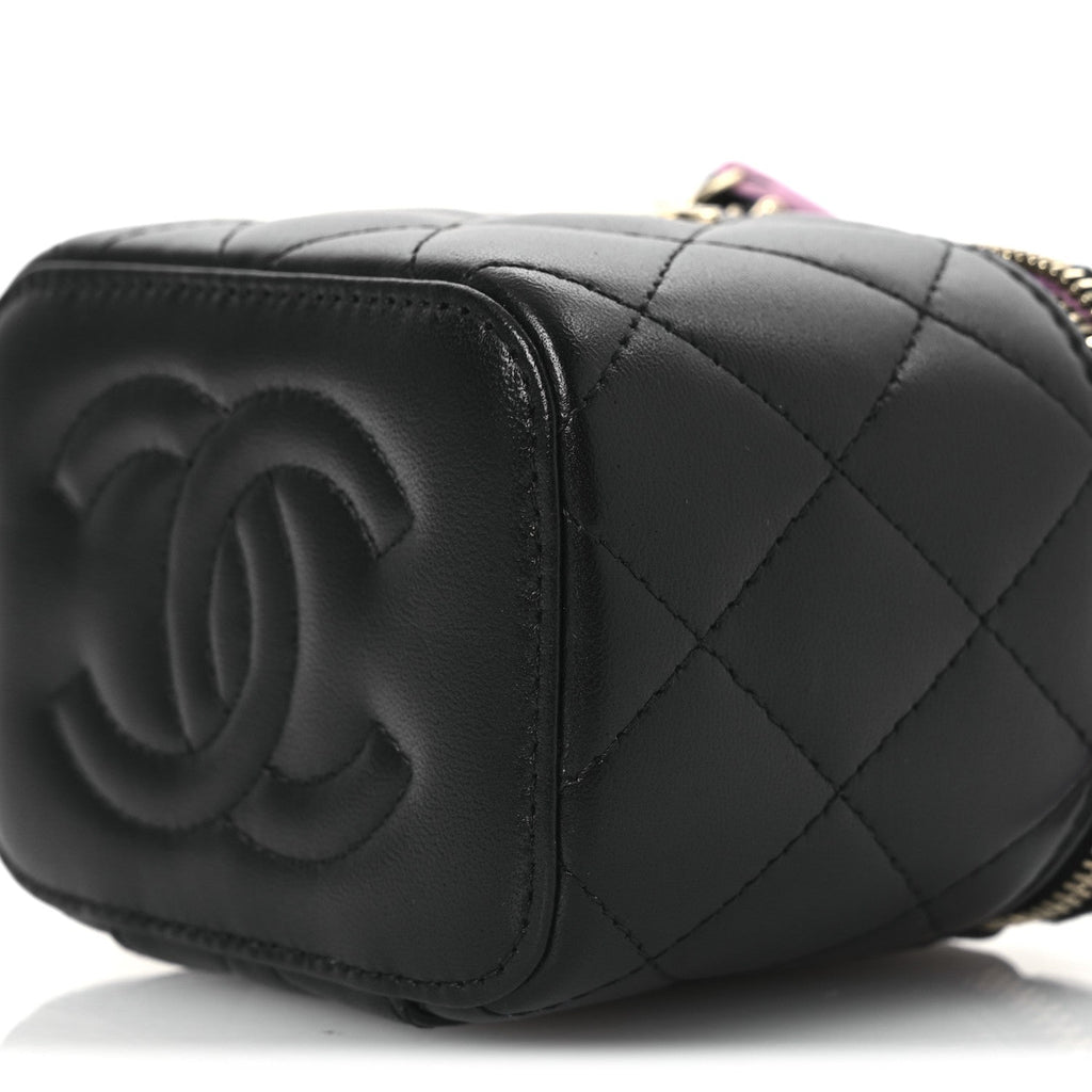 Chanel Lambskin Quilted Top Handle Mini Vanity Case With Chain Black Pink