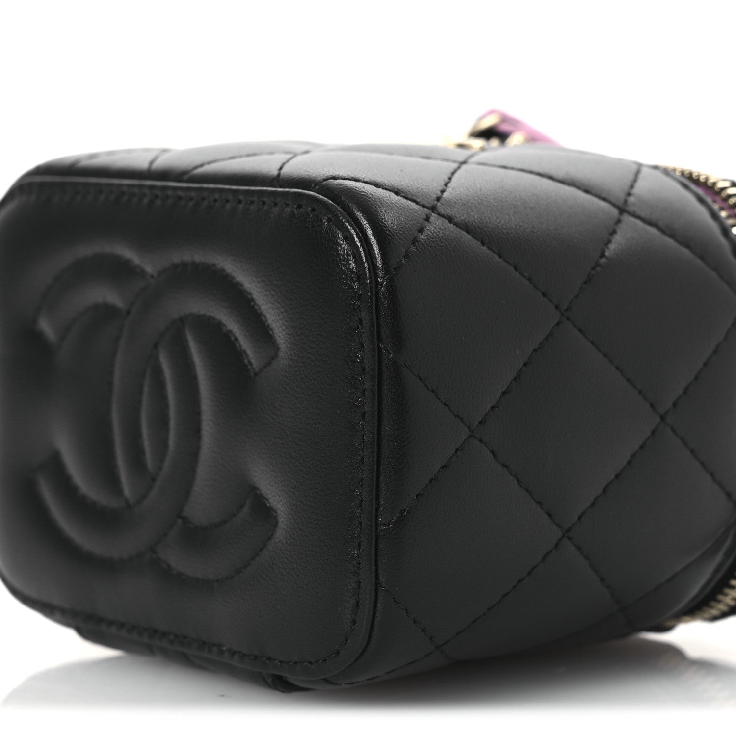 Chanel Lambskin Quilted Top Handle Mini Vanity Case With Chain Black Pink