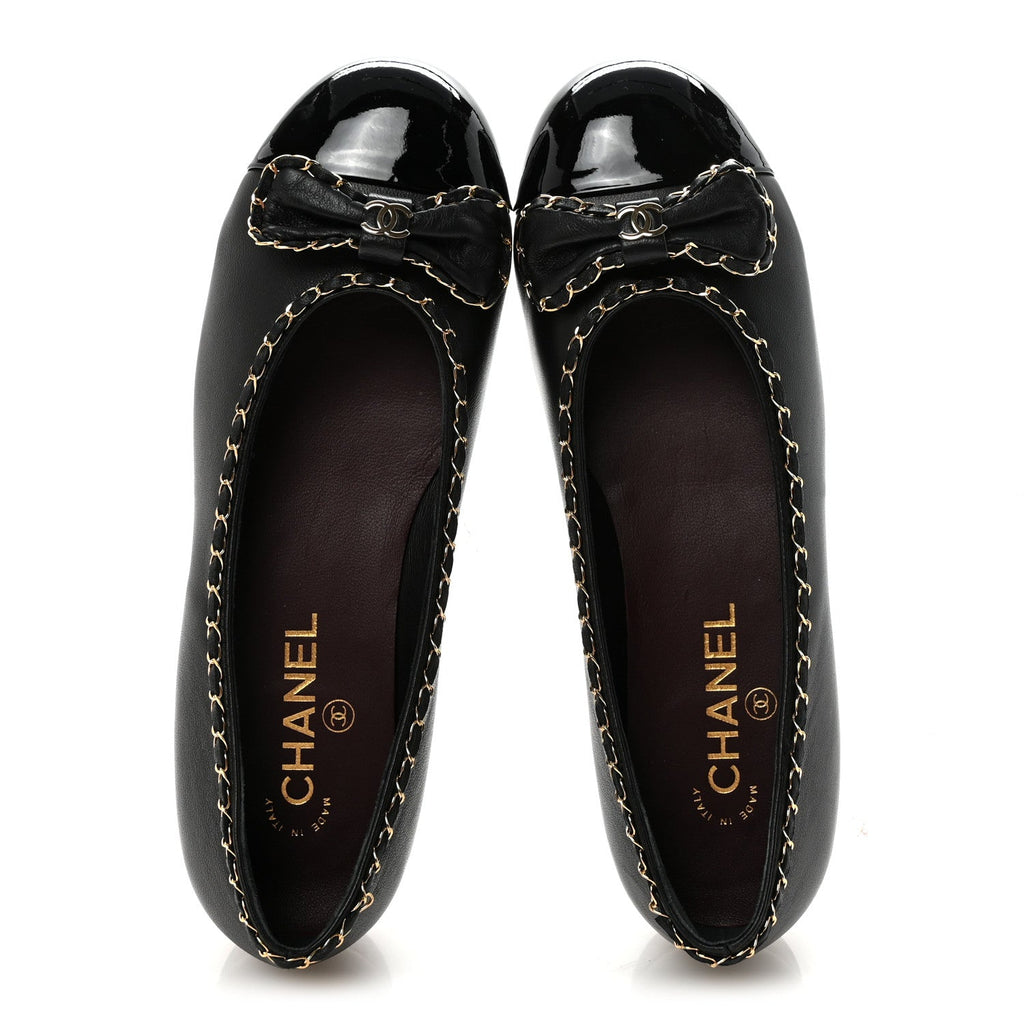 Lambskin Patent Cap Toe Chain Around Ballerina Flats 38.5 Black