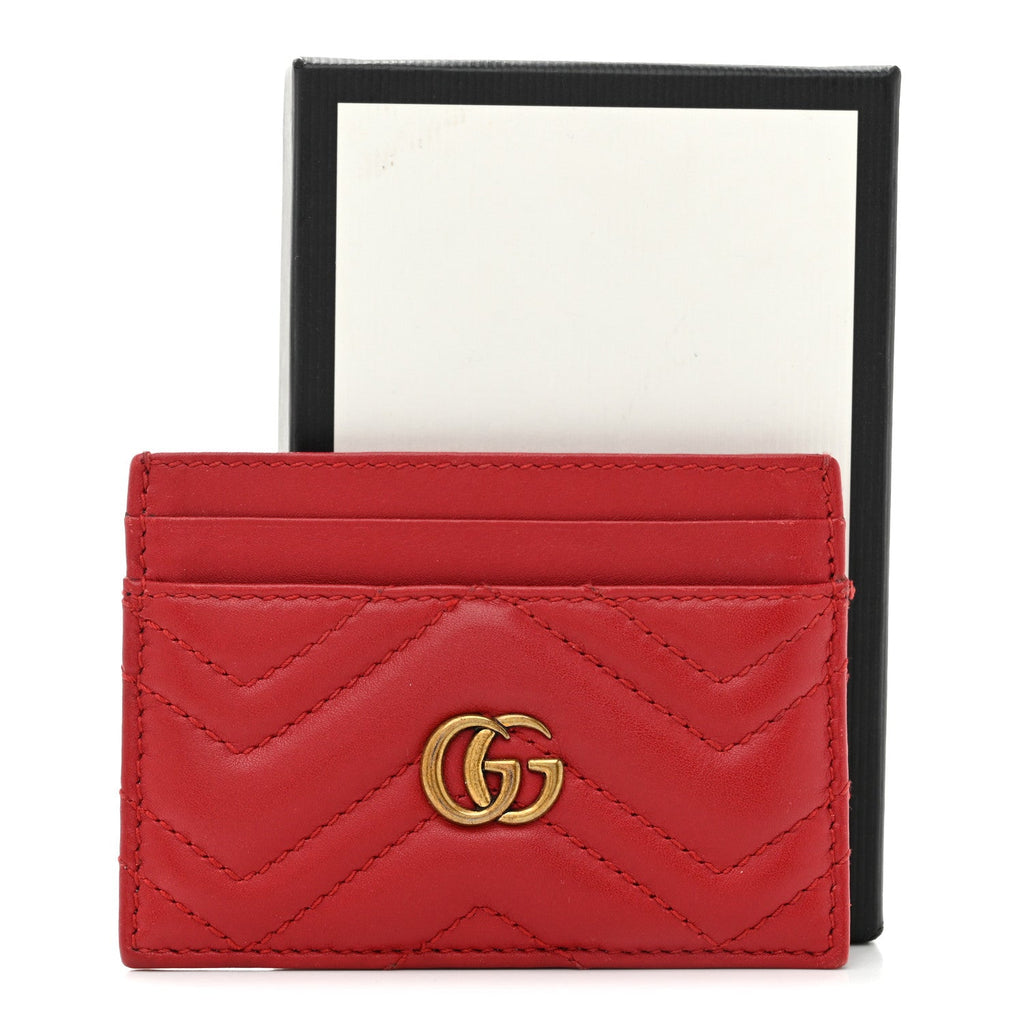 Gucci Calfskin Matelasse GG Marmont Card Holder Hibiscus Red
