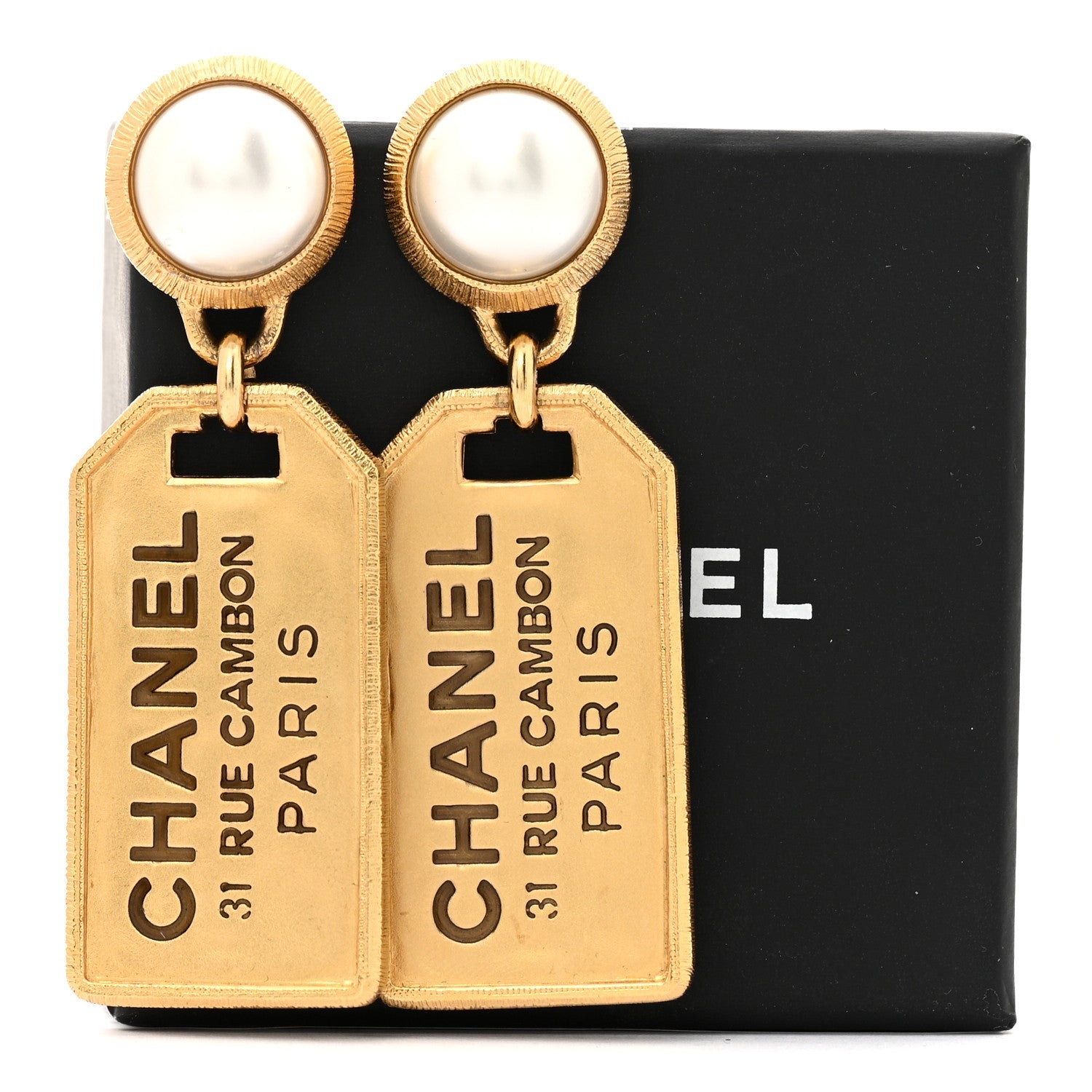 Pearl CC Tags Drop Earrings Gold