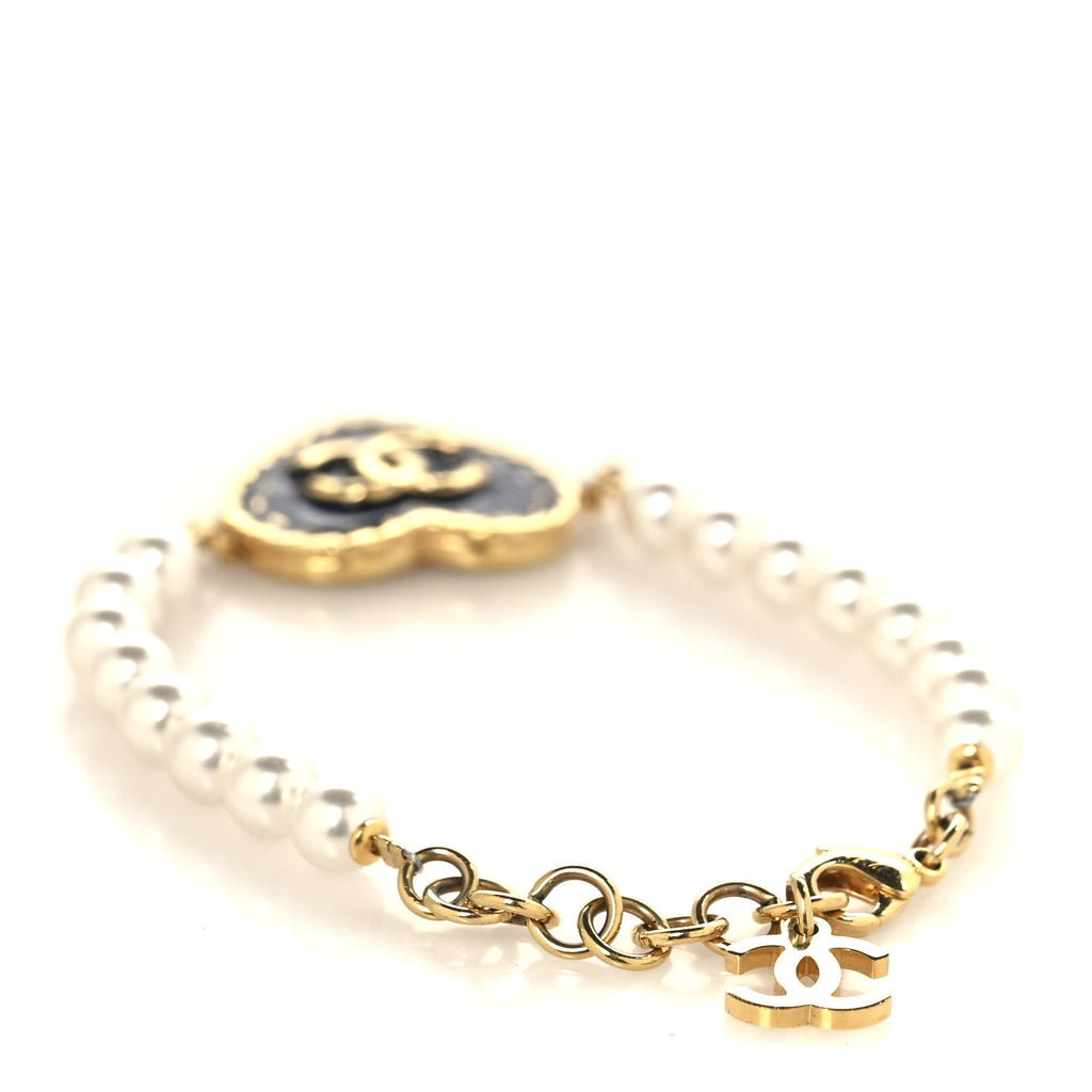 Metal Denim CC Heart Bracelet Gold Blue Pearly White