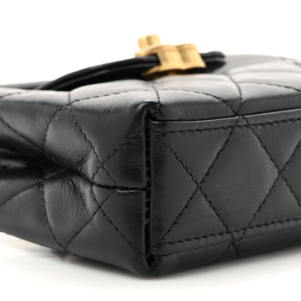 Chanel Shiny Aged Calfskin Quilted Mini Nano Kelly Shopper Black