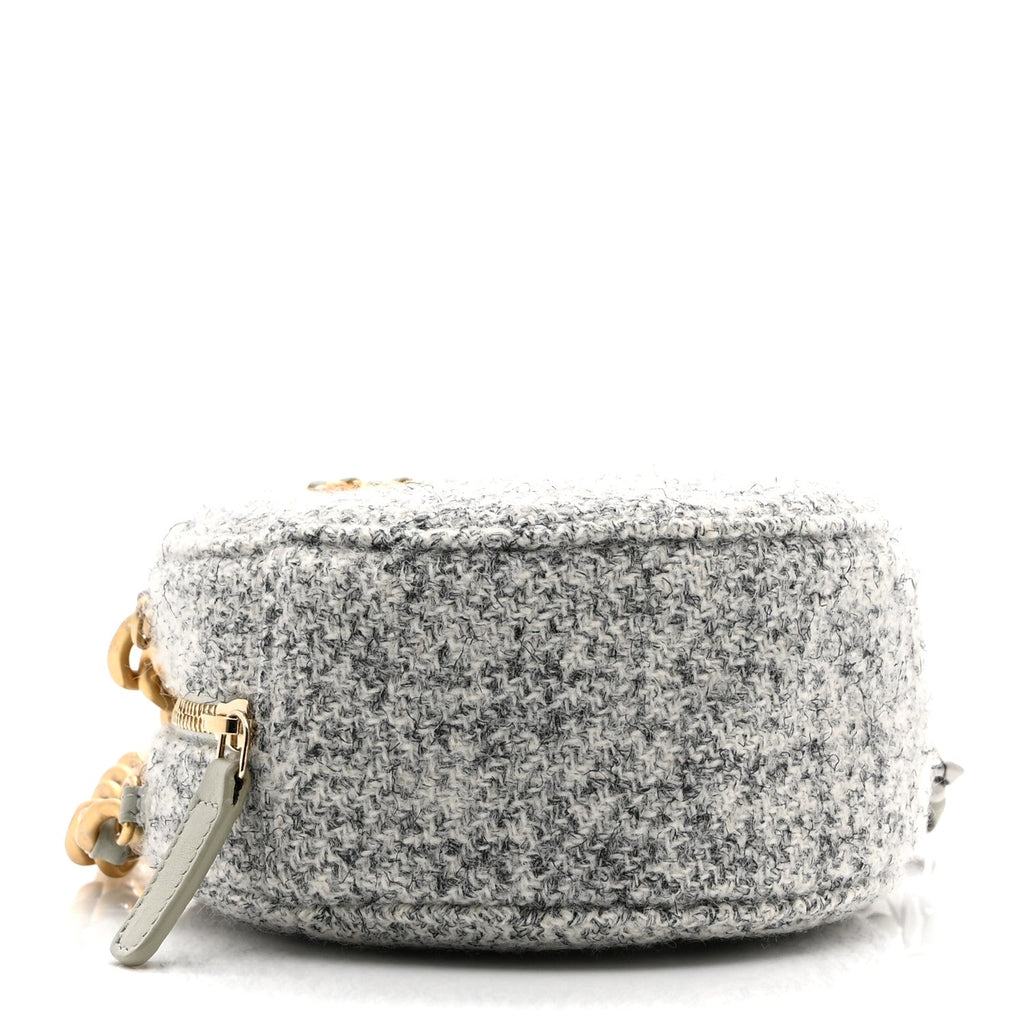 Chanel Wool Tweed Lambskin Quilted Chanel 19 Round Clutch With Chain Grey Ecru