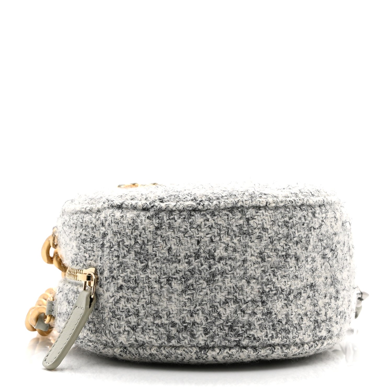 Chanel Wool Tweed Lambskin Quilted Chanel 19 Round Clutch With Chain Grey Ecru
