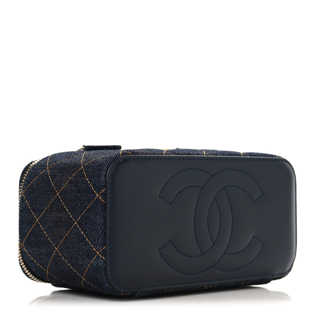 Chanel Denim Quilted Vanity Case With Chain Dark Blue