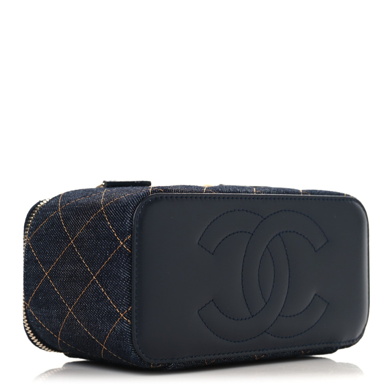 Chanel Denim Quilted Vanity Case With Chain Dark Blue