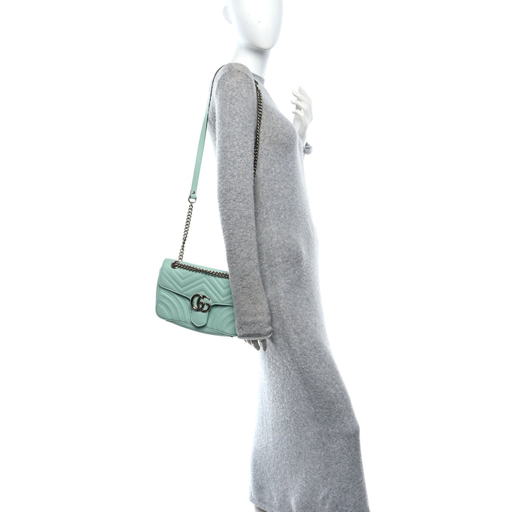 Gucci Calfskin Matelasse Small GG Marmont Shoulder Bag Water Green