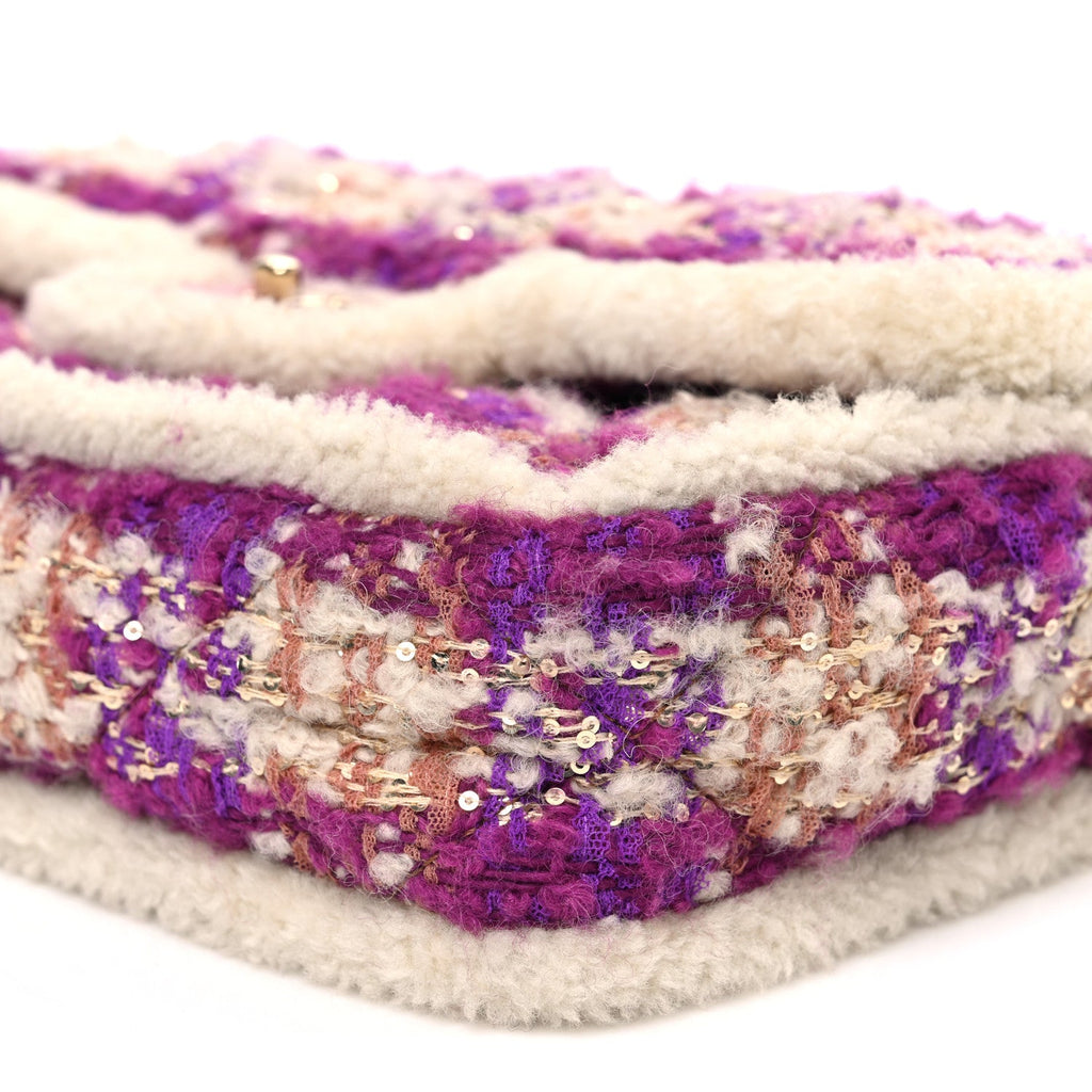 Chanel Tweed Shearling Large Flap Bag Purple Beige