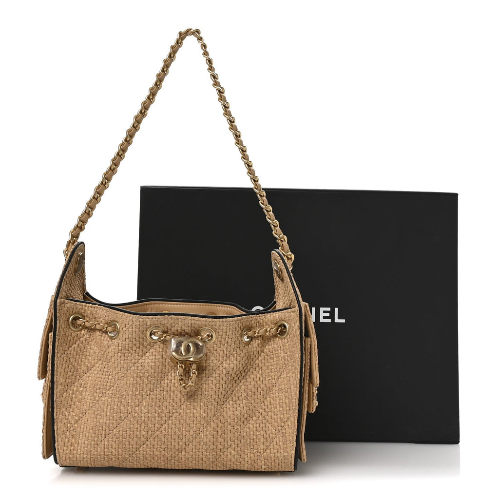 Chanel Braided Raffia Calfskin Quilted Mini Chanel 25 Handbag Beige Black