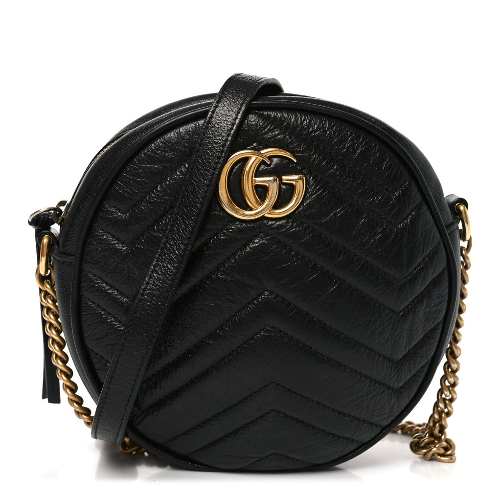 Gucci Azalea Calfskin Matelasse Heart Mini GG Marmont Round Shoulder Bag Black