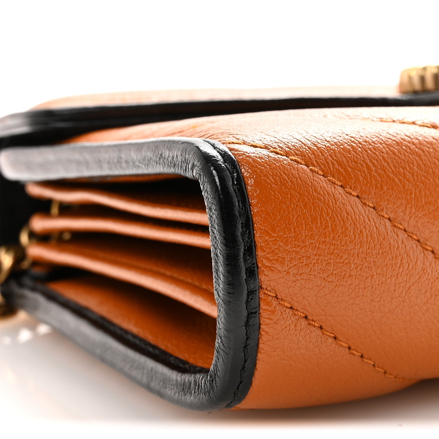 Gucci Vintage Effect Calfskin Matelasse Diagonal Torchon GG Marmont Chain Wallet Cognac