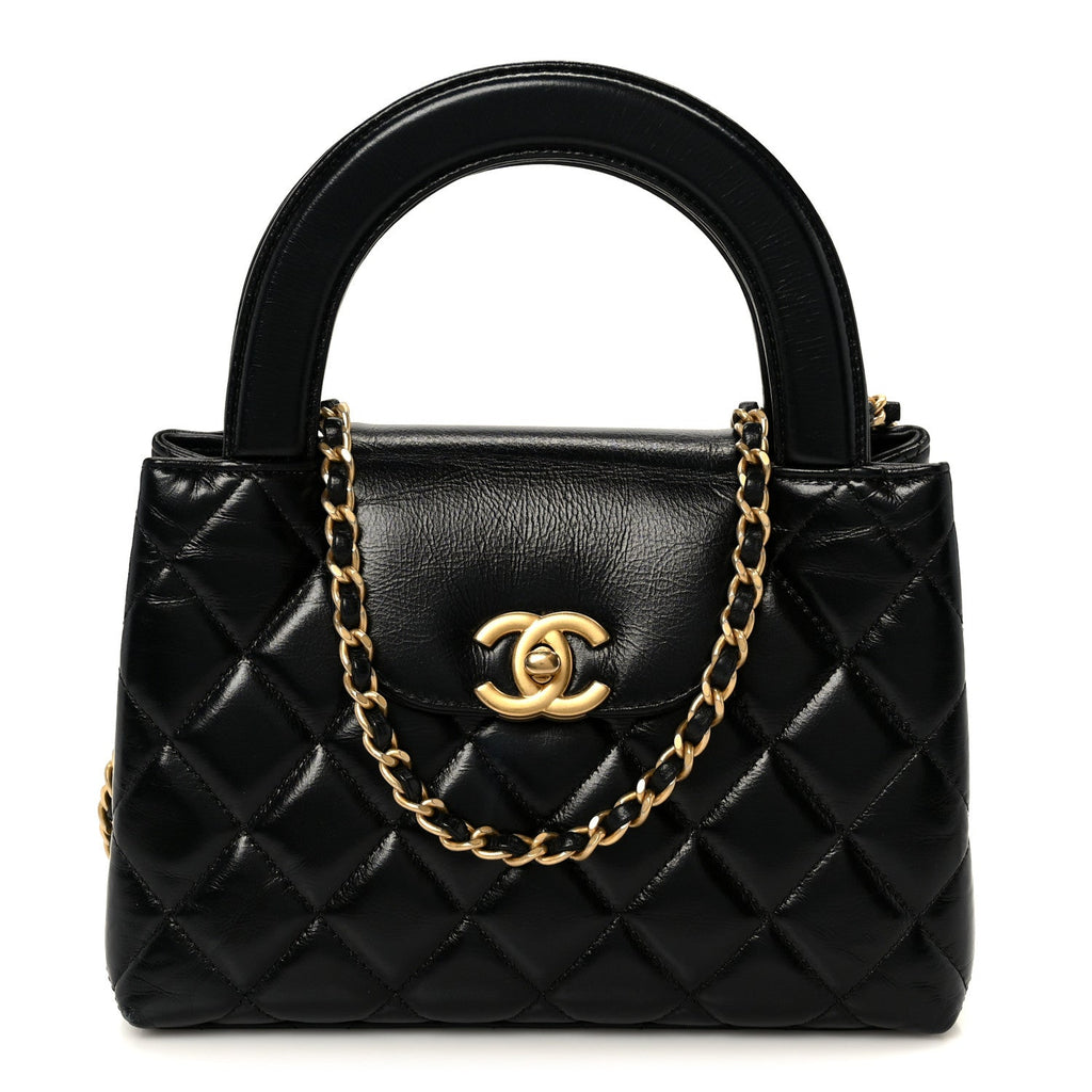 Chanel Shiny Aged Calfskin Quilted Nano Kelly Shopper Black
