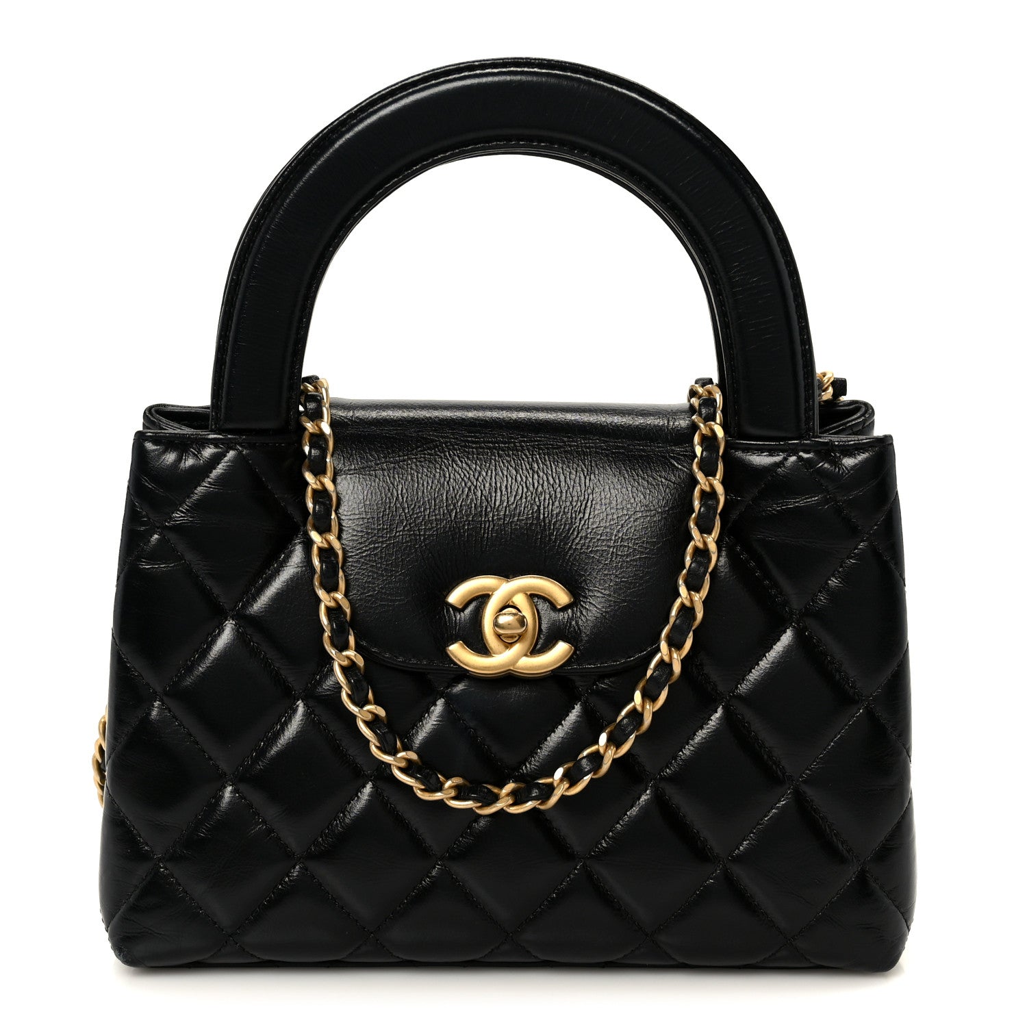 Chanel Shiny Aged Calfskin Quilted Nano Kelly Shopper Black