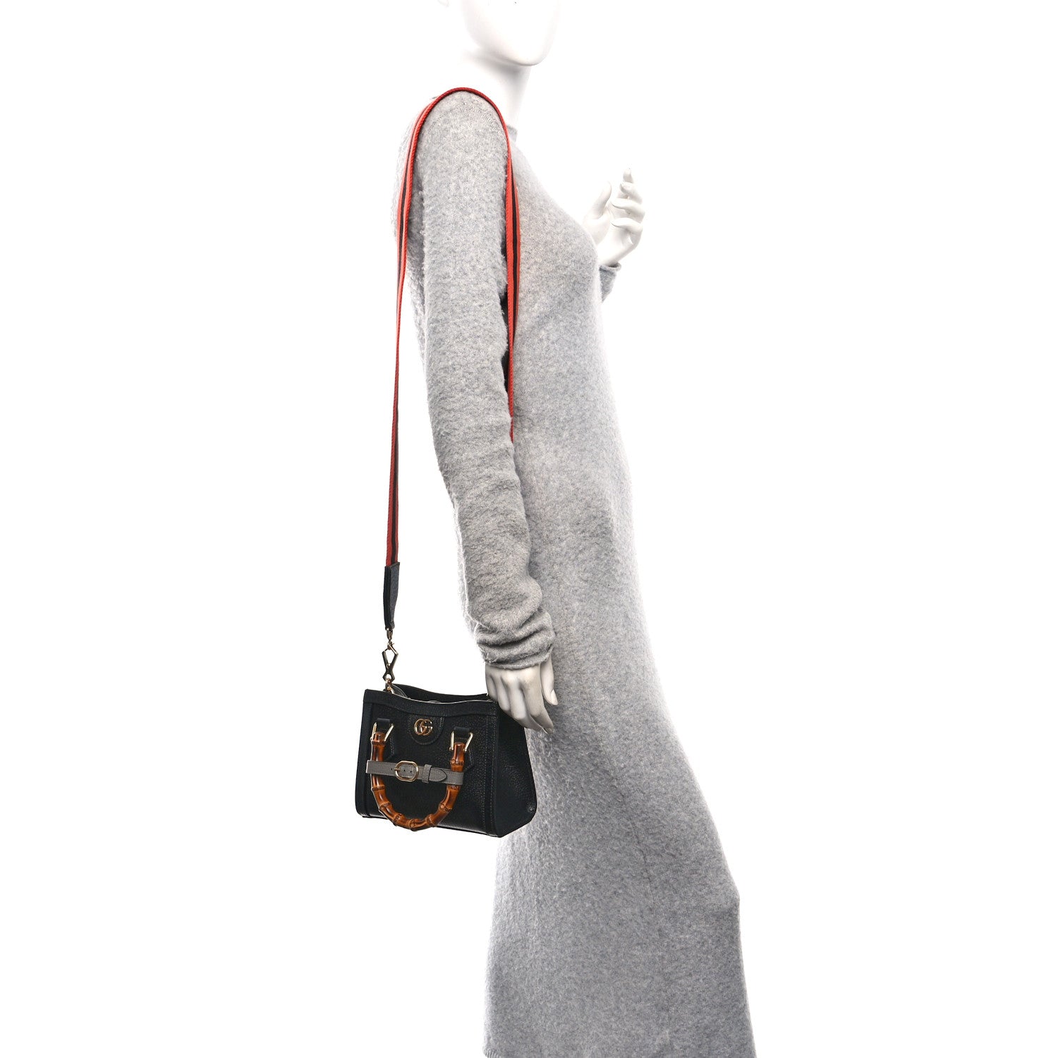 Gucci Textured Dollar Calfskin Web Small Diana Tote Bag Black Dusty Grey