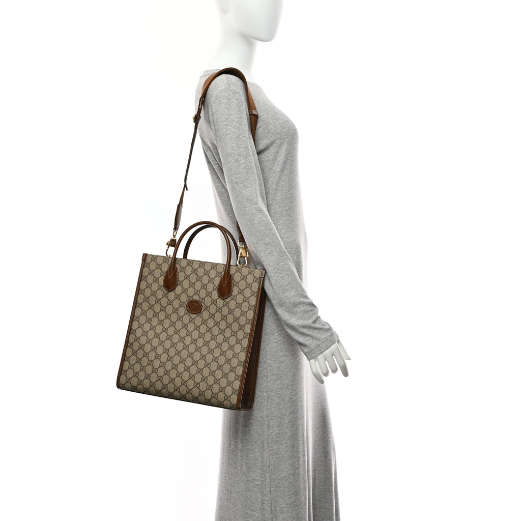 Gucci GG Supreme Monogram Textured Dollar Calfskin Web Small Retro Interlocking G Vertical Tote Bag Beige Ebony Brown Sugar