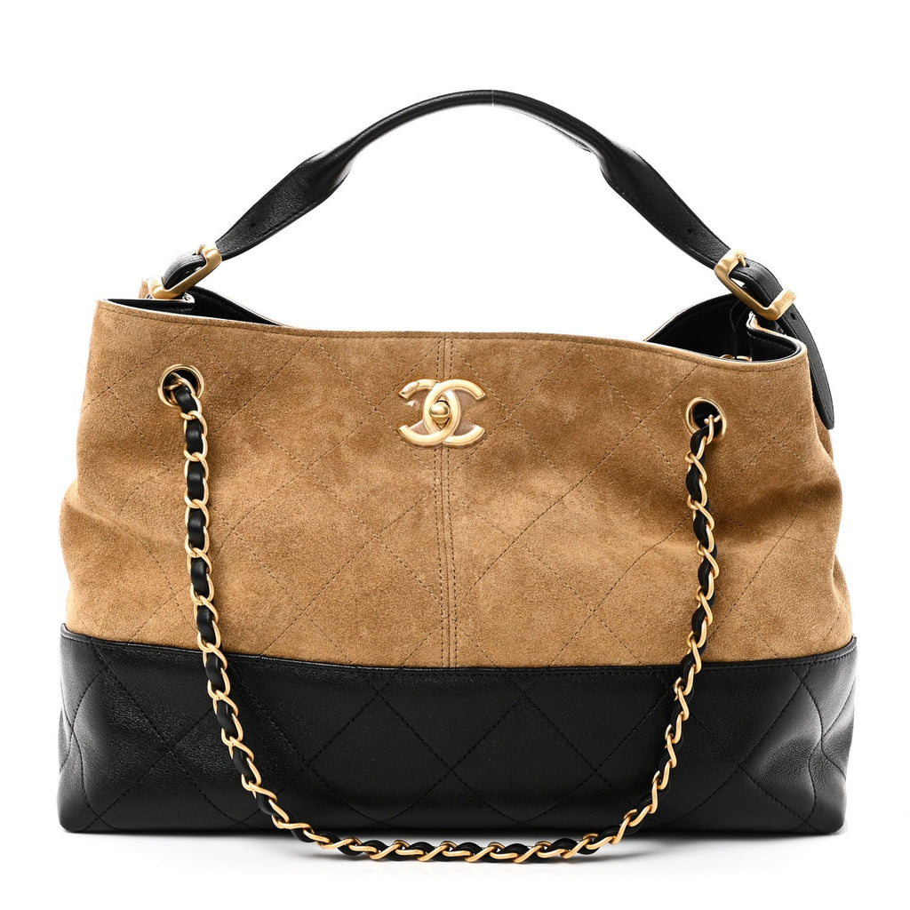 Chanel Suede Calfskin Shiny Lambskin Quilted Small Coco Base Shopping Bag Beige Black
