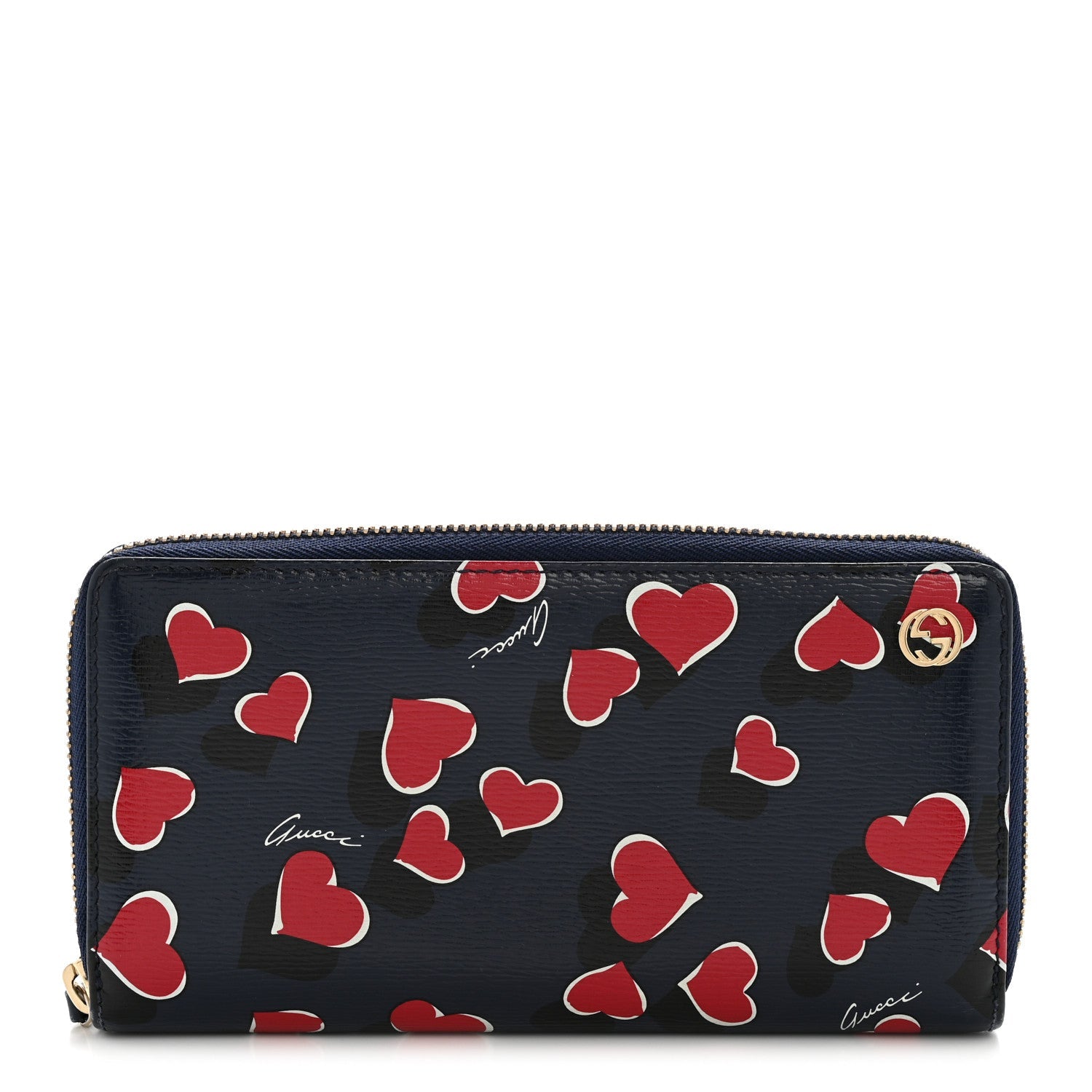 Gucci Calfskin Heartbeat Print Zip Around Wallet Blue