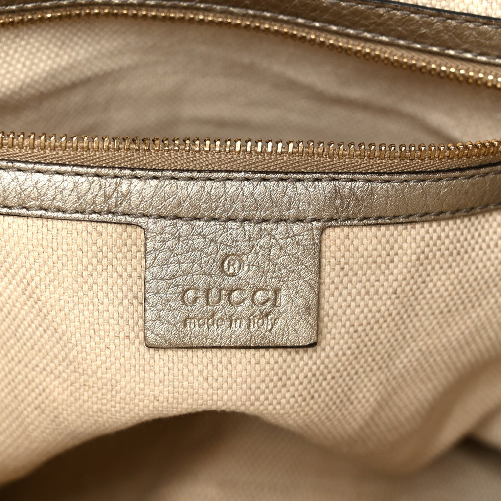Gucci Metallic Pebbled Calfskin Small Soho Top Handle Bag Golden Beige