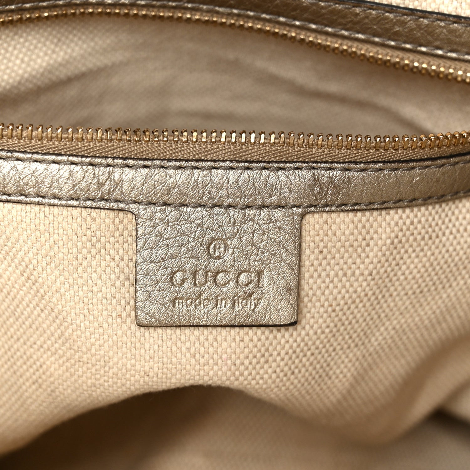 Gucci Metallic Pebbled Calfskin Small Soho Top Handle Bag Golden Beige