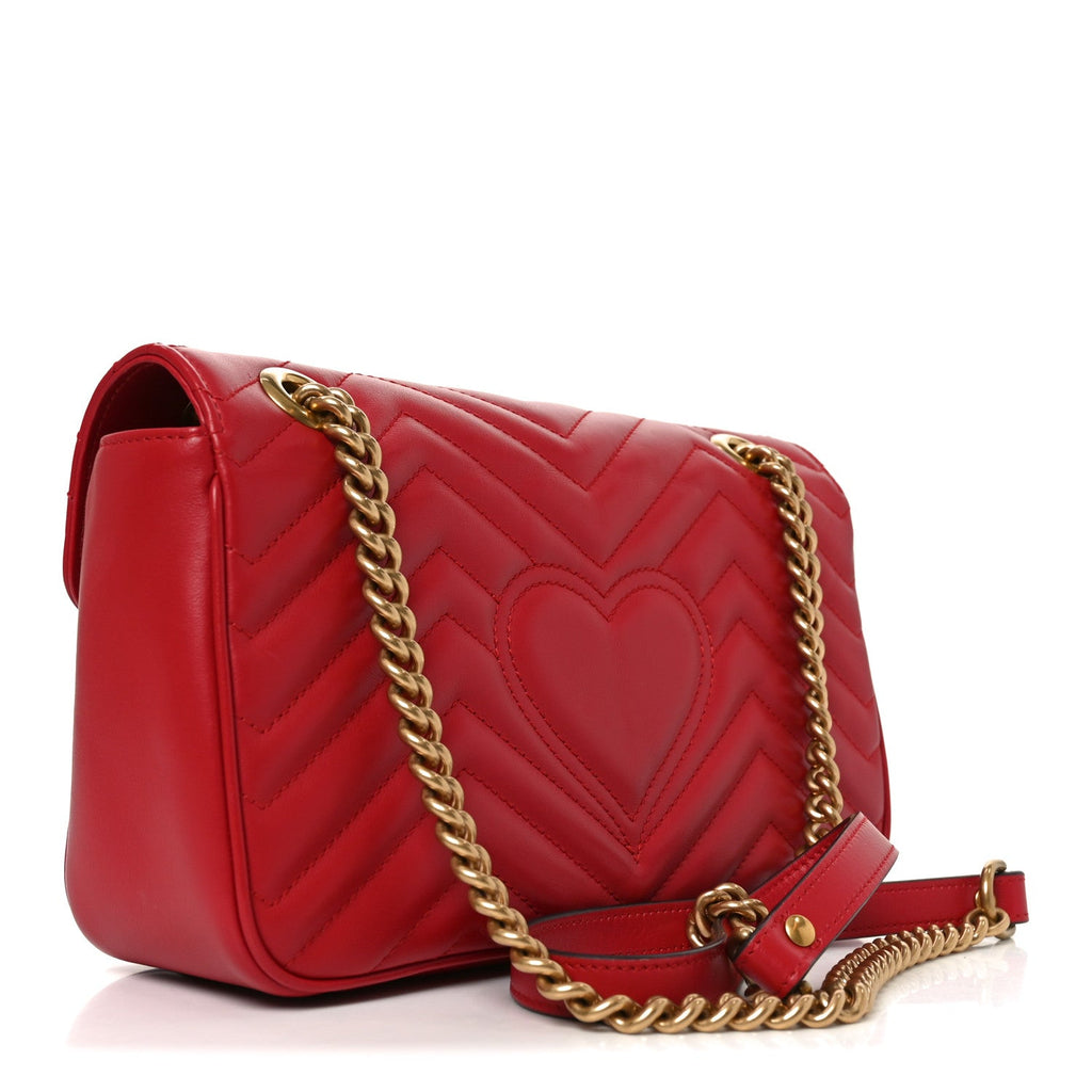 Gucci Calfskin Matelasse Small GG Marmont Shoulder Bag Hibiscus Red