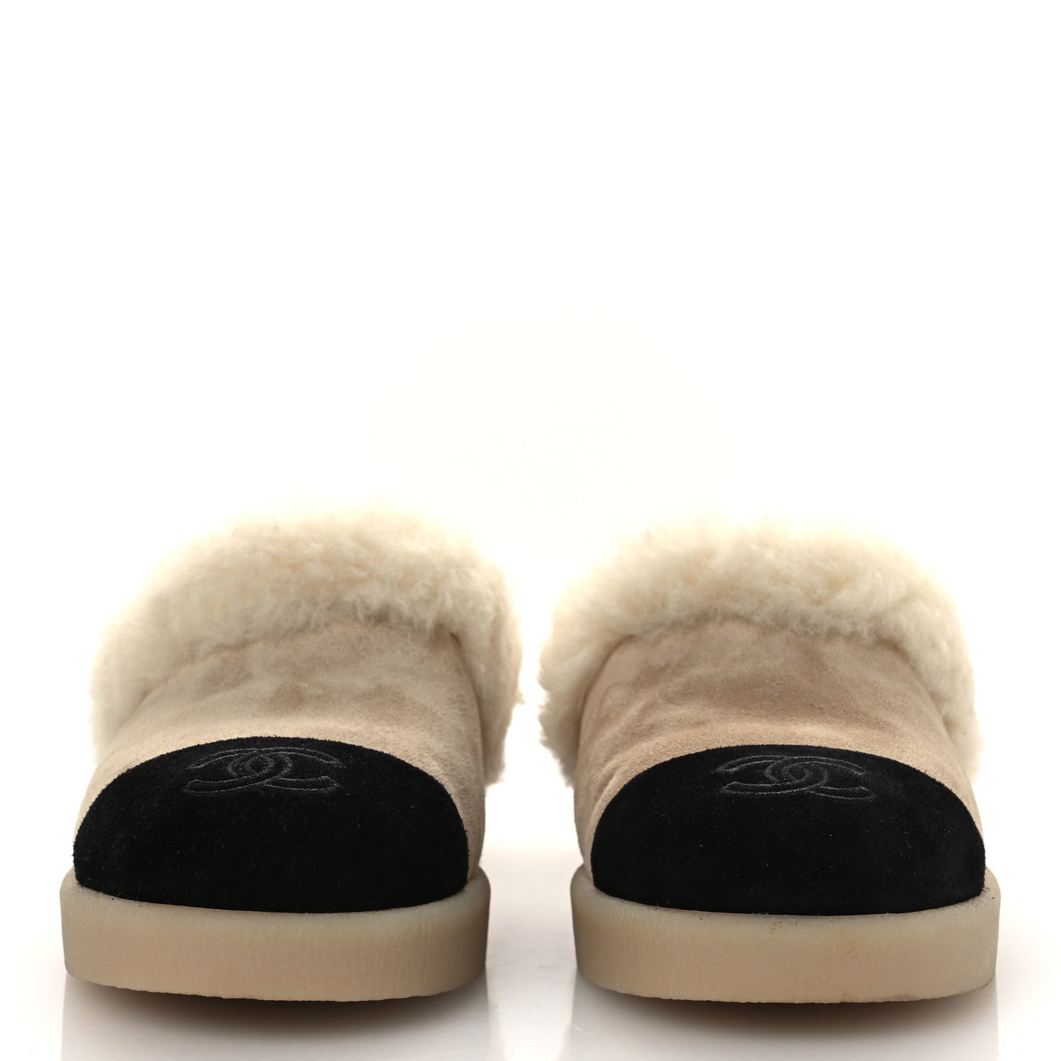 Chanel Suede Shearling CC Cap Toe Mules 38.5 Beige Black