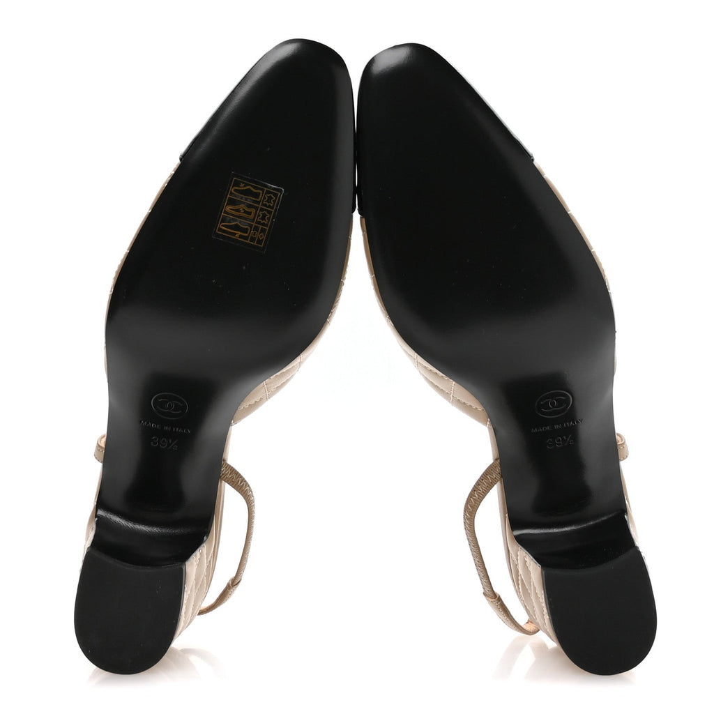 Lambskin Patent Calfskin Quilted Cap Toe CC Slingback Pumps 39.5 Beige Black