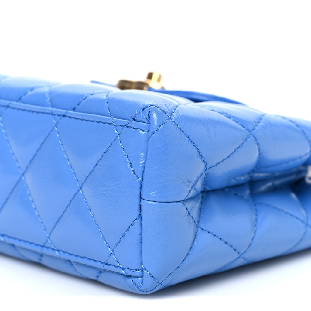 Chanel Shiny Aged Calfskin Quilted Nano Kelly Shopper Blue
