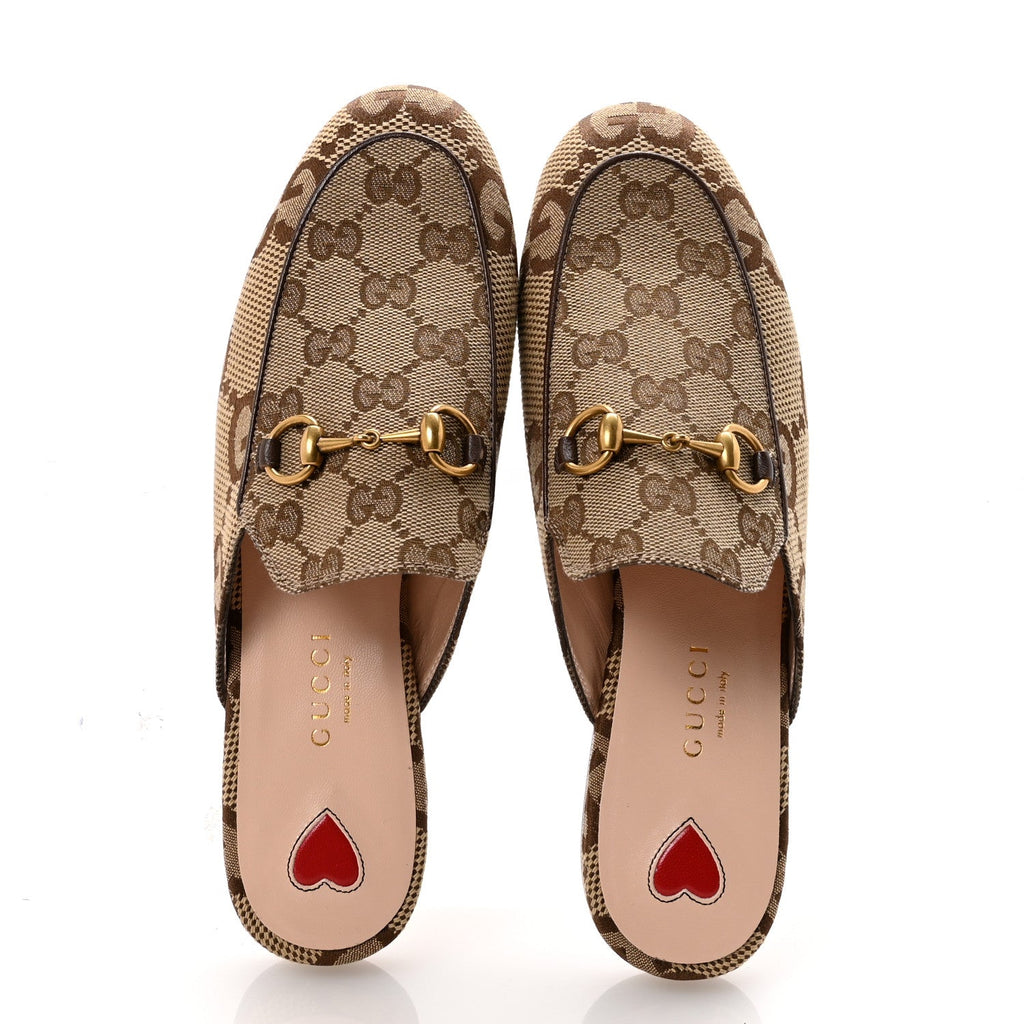 Gucci Monogram Jumbo GG Malaga Kid Womens Princetown Slippers 35.5 Camel Ebony New Acero Beige