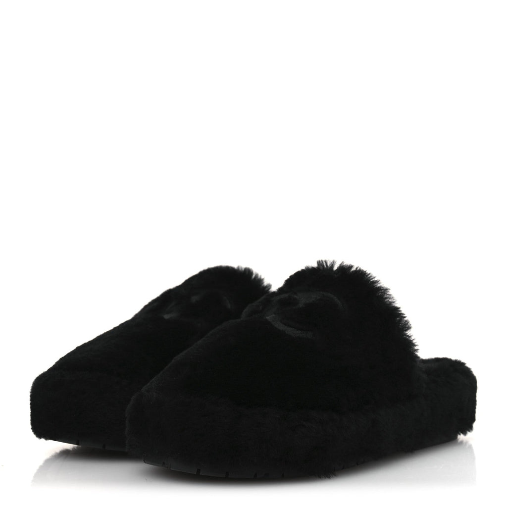 Chanel Shearling CC Flat Mules 40 Black