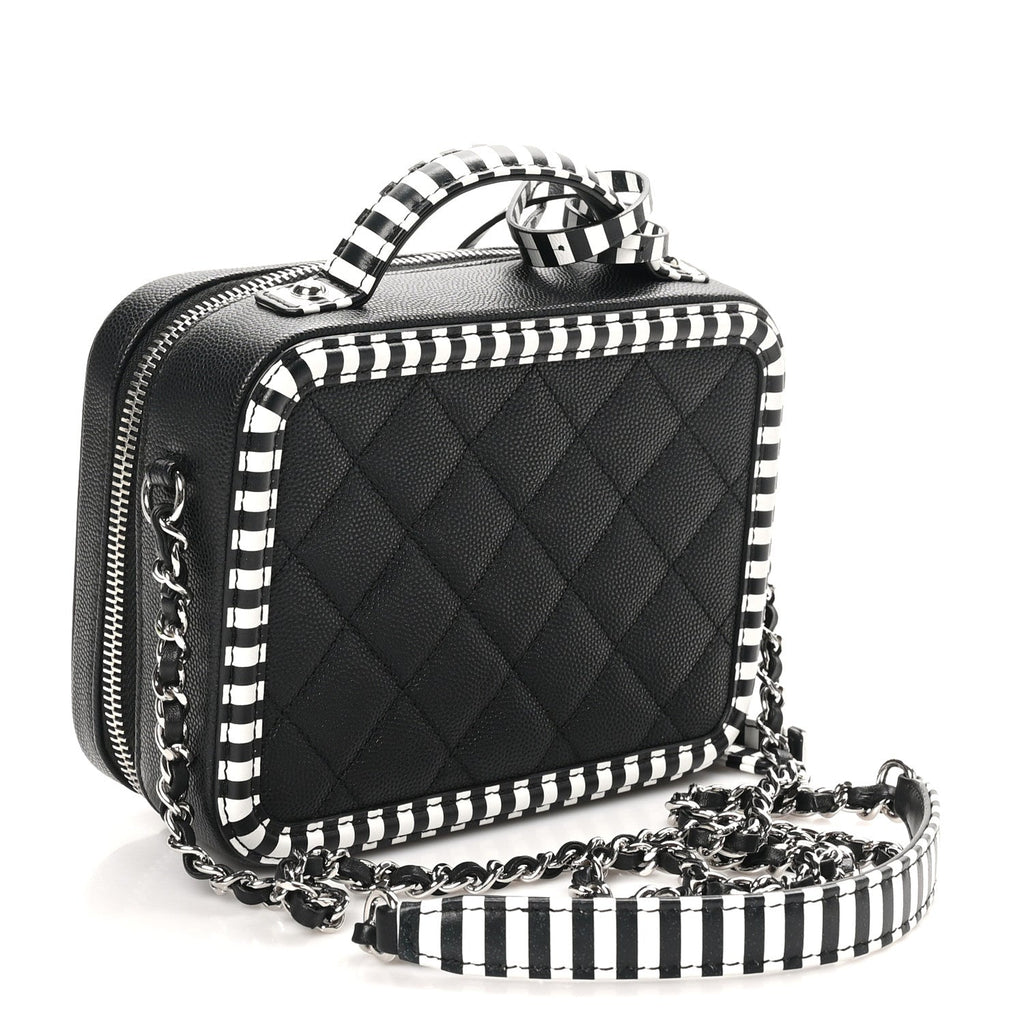 Chanel Caviar Quilted Striped Small CC Filigree Vanity Case Black White