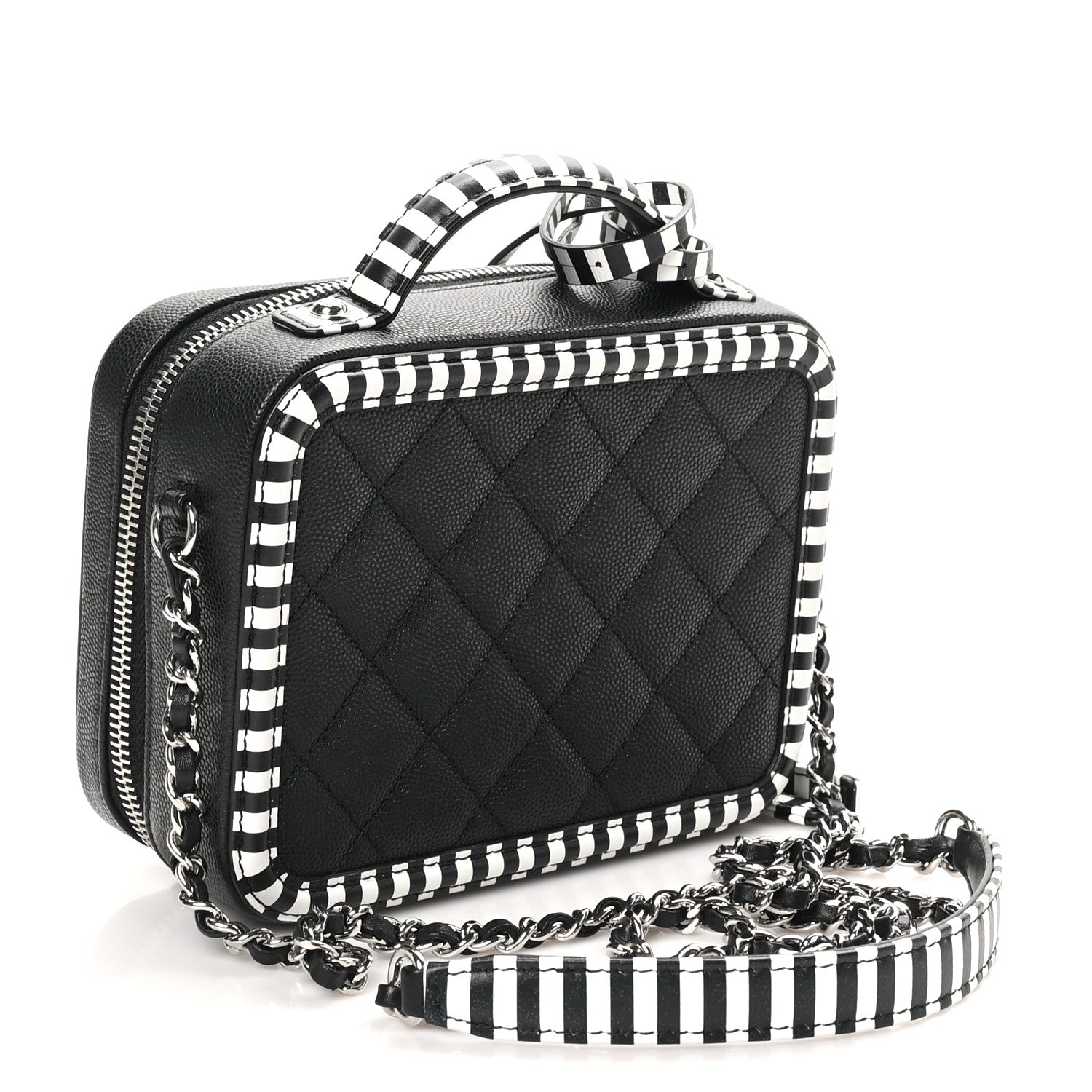 Chanel Caviar Quilted Striped Small CC Filigree Vanity Case Black White