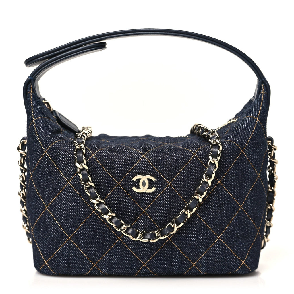 Chanel Denim Quilted Hobo Clutch With Chain Dark Blue Orange