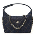 Chanel Denim Quilted Hobo Clutch With Chain Dark Blue Orange