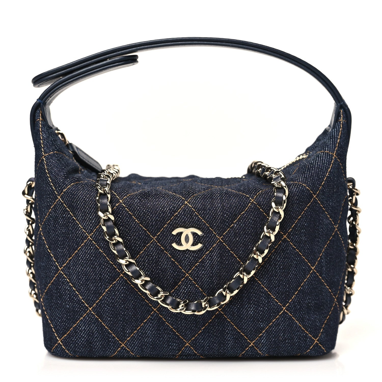 Chanel Denim Quilted Hobo Clutch With Chain Dark Blue Orange