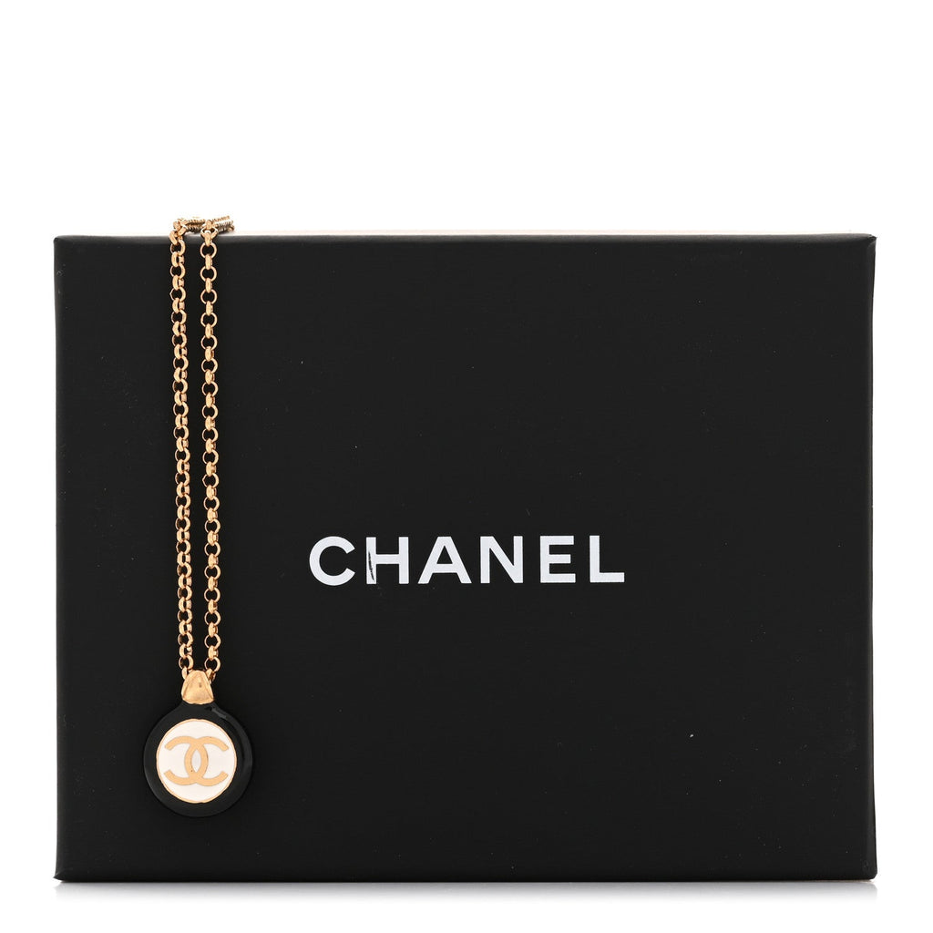 Enamel CC Medallion Chain Necklace Gold Black White
