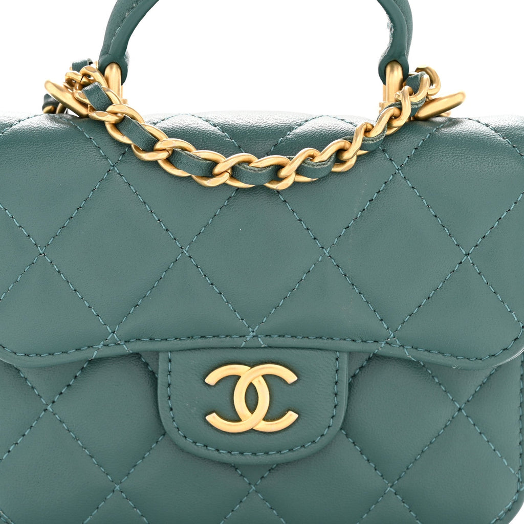 Chanel Lambskin Quilted Top Handle Flap Coin Purse With Chain Green