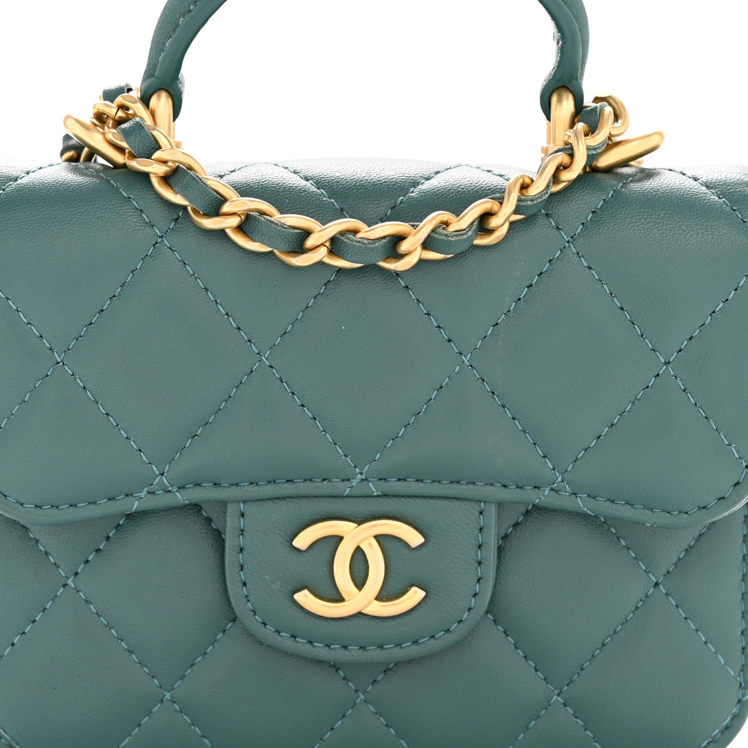 Chanel Lambskin Quilted Top Handle Flap Coin Purse With Chain Green