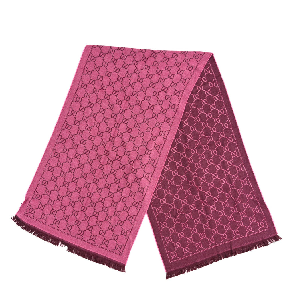 Gucci Wool Jacquard GG Monogram Sten Fringe Scarf Magenta Bordeaux