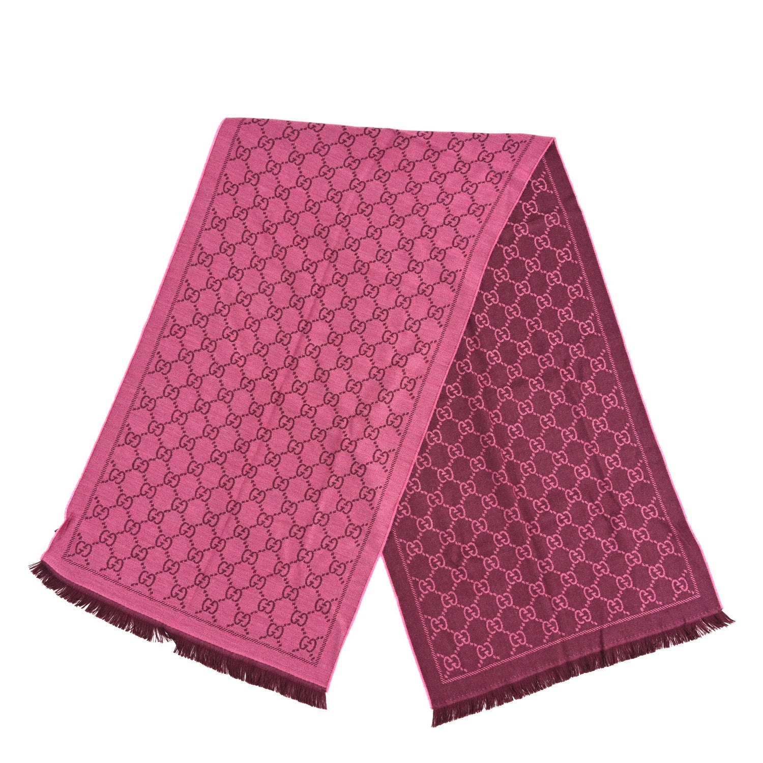 Gucci Wool Jacquard GG Monogram Sten Fringe Scarf Magenta Bordeaux