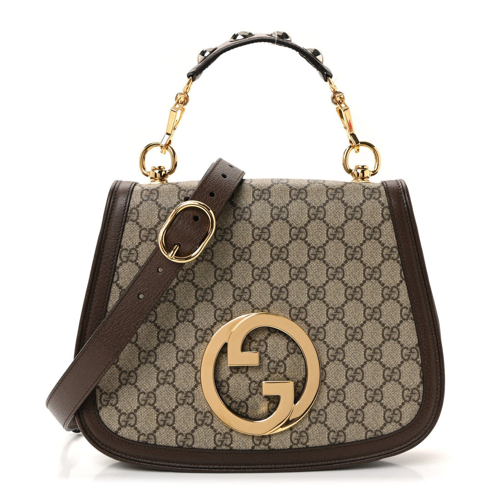 Gucci GG Supreme Monogram Textured Dollar Calfskin Web Medium Blondie Top Handle Shoulder Flap Bag Beige Ebony New Acero