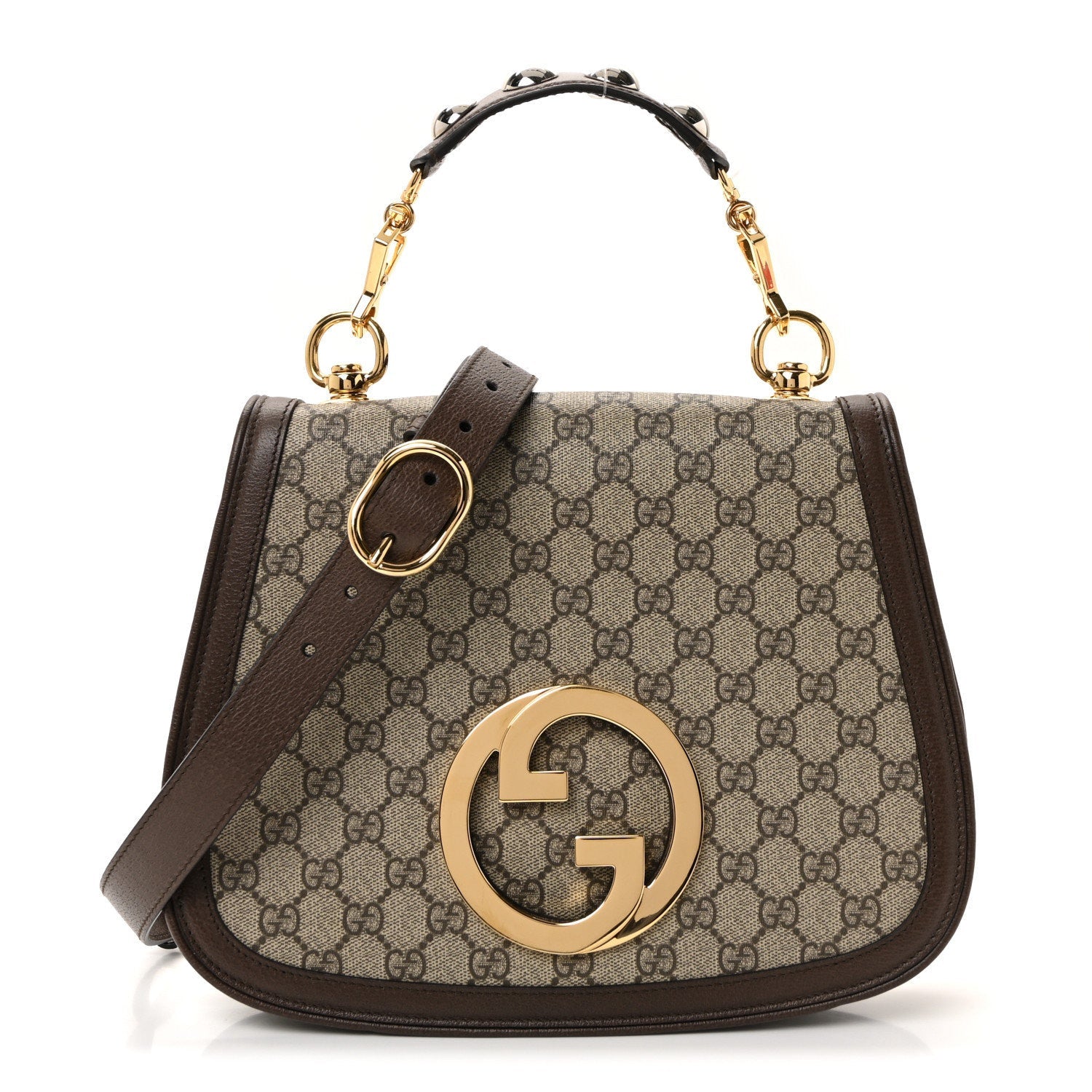 Gucci GG Supreme Monogram Textured Dollar Calfskin Web Medium Blondie Top Handle Shoulder Flap Bag Beige Ebony New Acero
