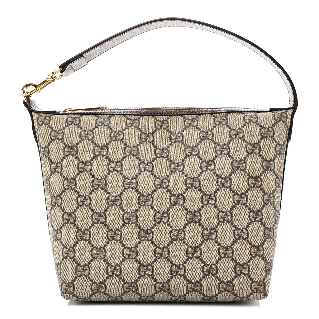 Gucci GG Supreme Monogram Textured Calfskin Web Super Mini Ophidia Shoulder Bag Beige Ebony New Acero