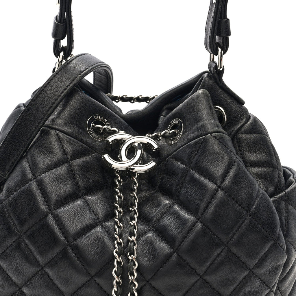 Chanel Lambskin Quilted CC Chain Drawstring Tote Black