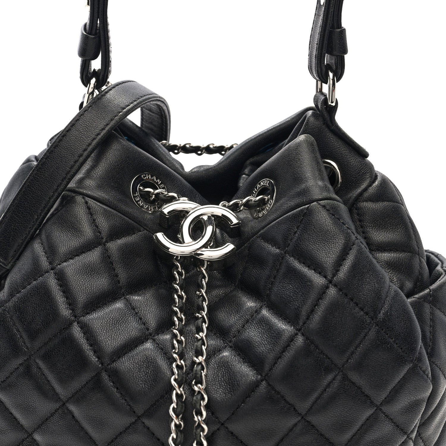 Chanel Lambskin Quilted CC Chain Drawstring Tote Black