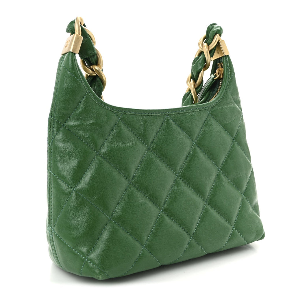 Chanel Shiny Crumpled Lambskin Quilted Small CC Funky Town Hobo Green
