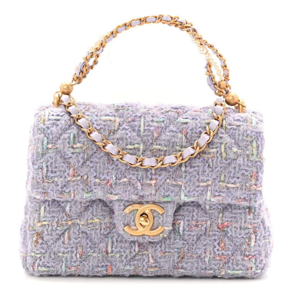 Chanel Tweed Quilted Pearl Twist Mini Rectangular Flap Purple