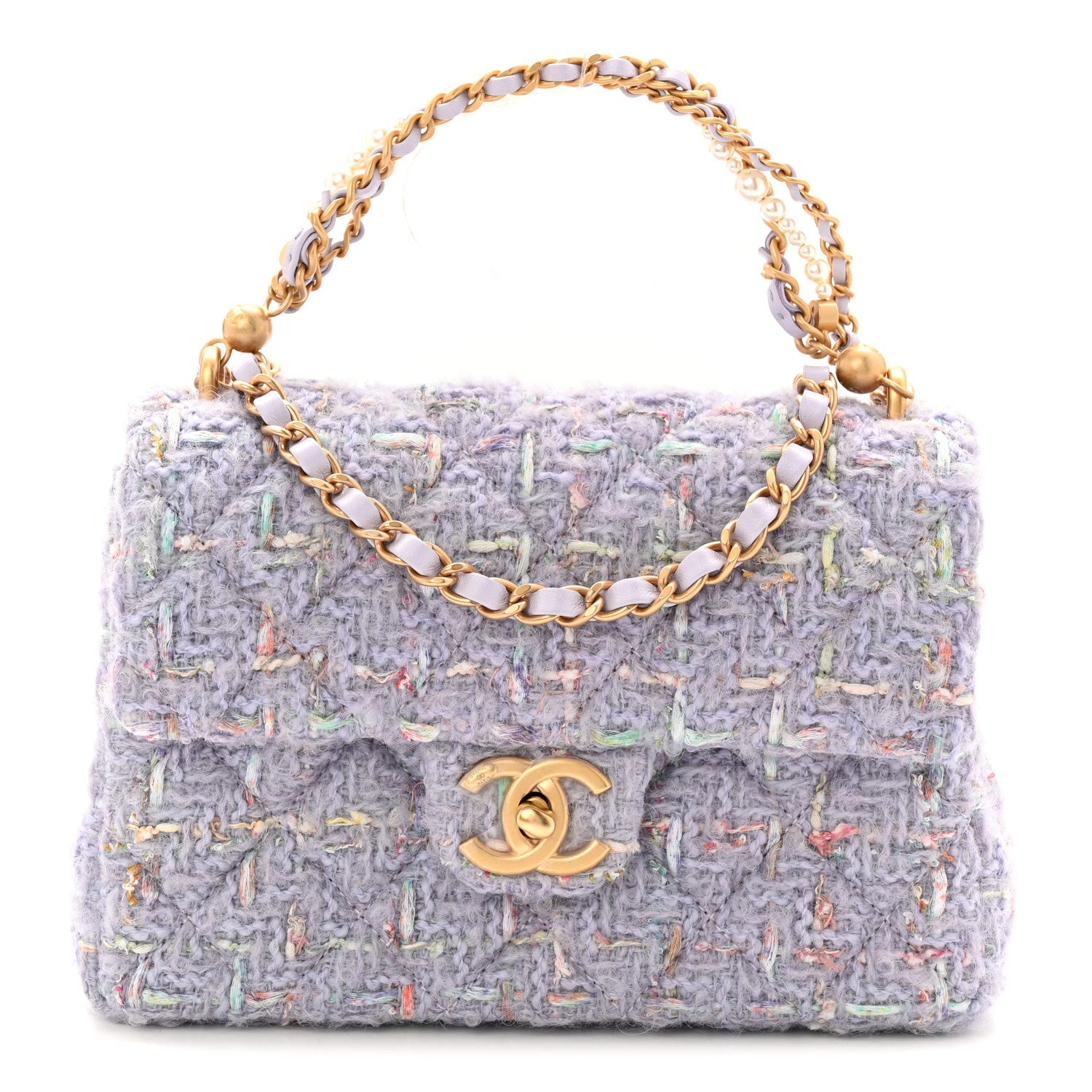 Chanel Tweed Quilted Pearl Twist Mini Rectangular Flap Purple